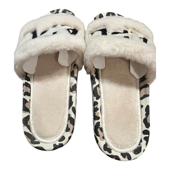 APL WOMEN'S SHEARLING SLIDES PARCHMENT/BLACK/LEOPARD, Size 8 NIB - Picture 2 of 5